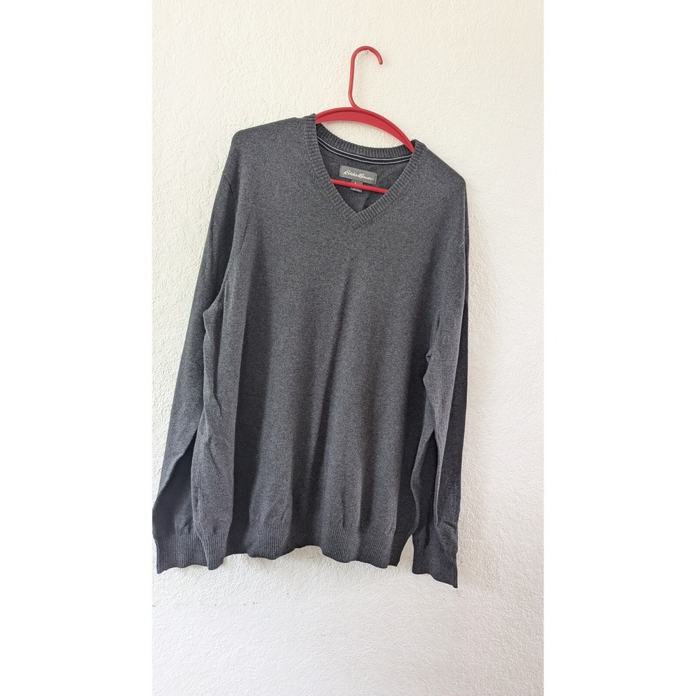 Eddie Bauer V-Neck Sweater Cotton Merino Wool Blend Gray Mens XL